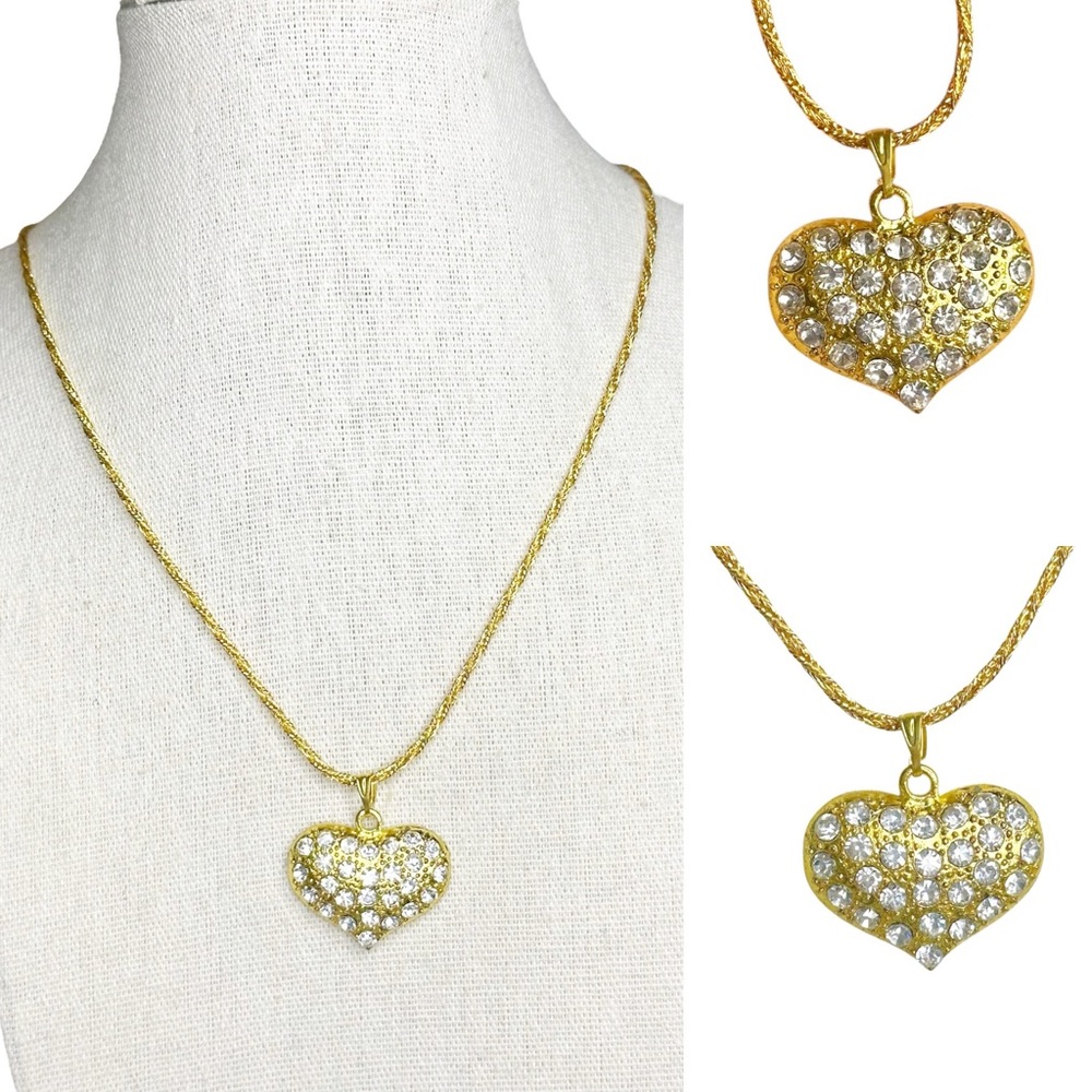 Vintage Y2K Puffy Rhinestone Heart Gold Tone Pendant Necklace
